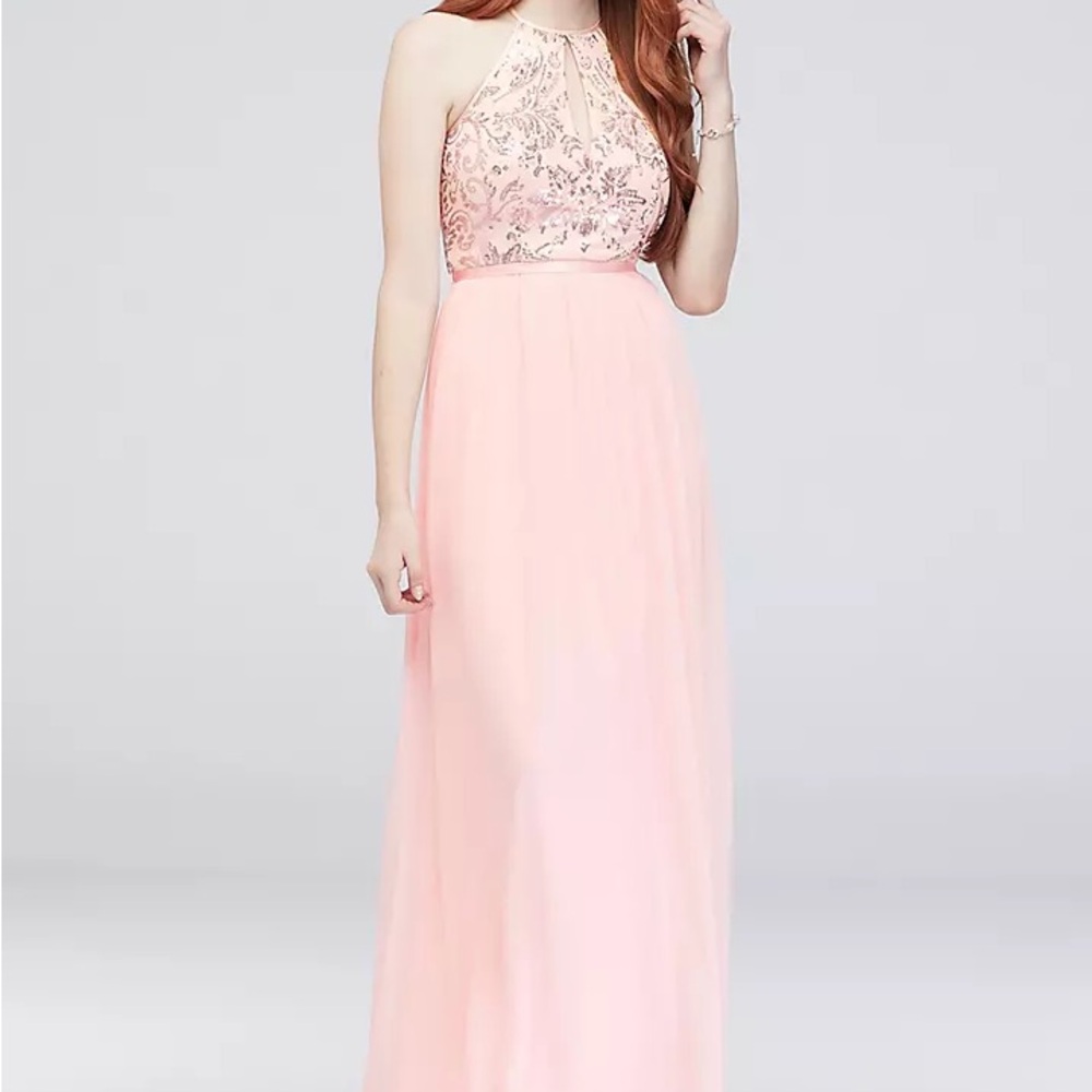 High-Neck Sequin and Mesh Gown with Keyhole